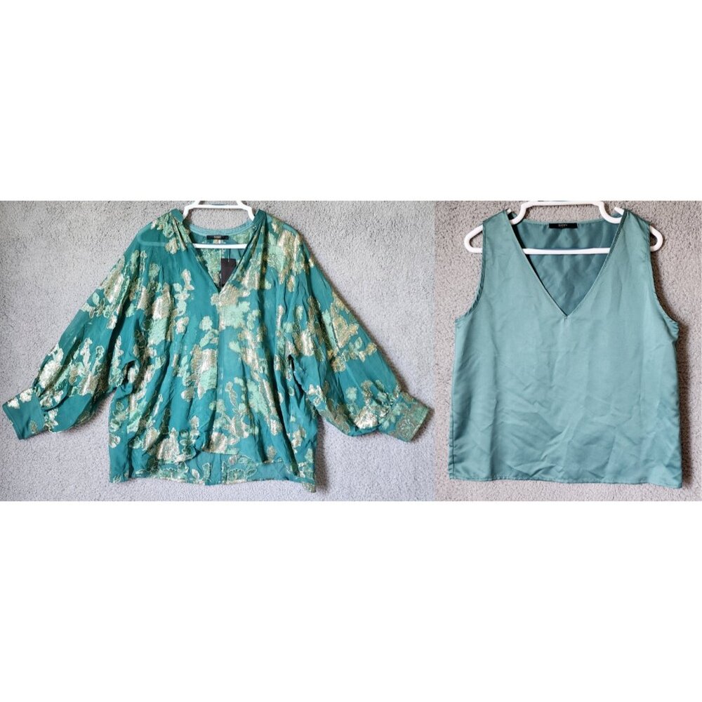 NWOT Seventy Venezia Long Sleeve Popover Blouse/Tank Set Silk Blend Green/Gold S